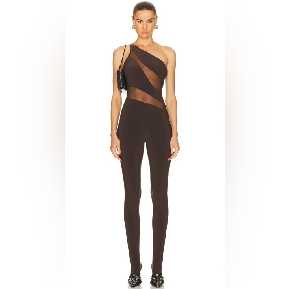 NORMA KAMALI Snake Mesh Catsuit with Footsie in chocolate color size large